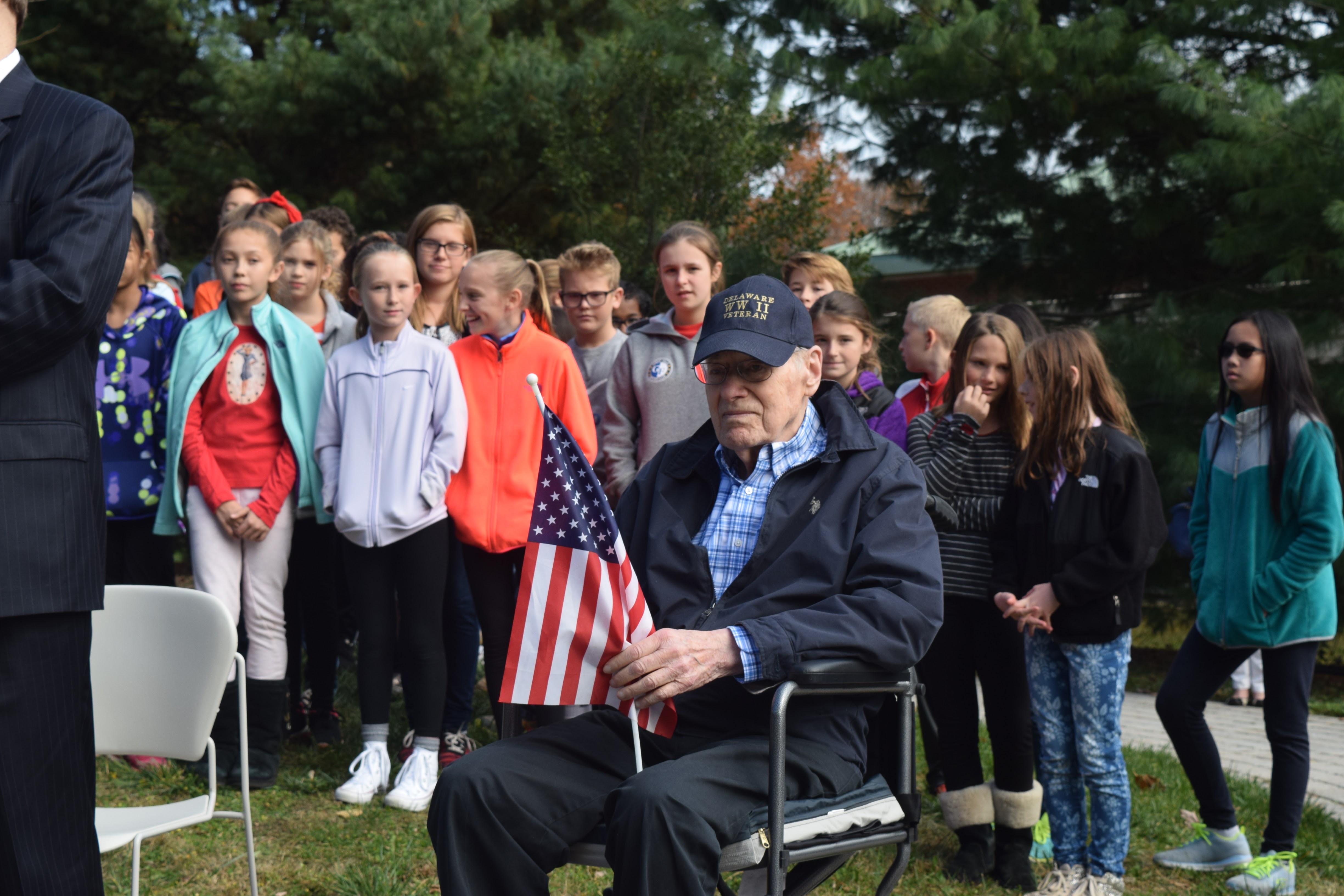 Special guest Howard Jester, World War II Army combat parachutist and Great Falls resident, observes the Veterans Day ceremony at the Freedom Memorial in Great Falls, Virginia