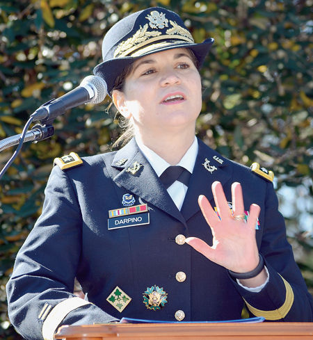 LTG Flora D. Darpino, the Judge Advocate General of the United States Army, delivers the keynote address at the Veterans' Day Ceremony at the Freedom Memorial in Great Falls, Virginia, November 11, 2015