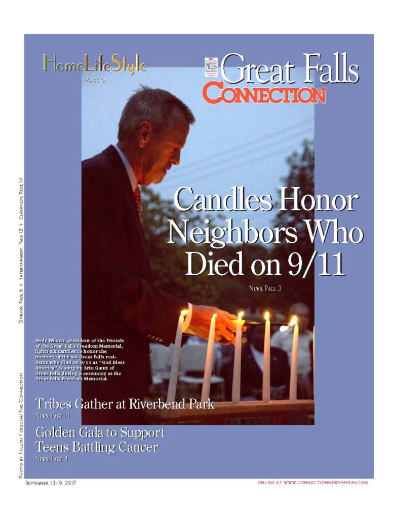 2017 09 13 thru 2017 09 19 Great Falls Connection article re 2017 September 11 Remembrance Ceremony at Great Falls Freedom Memorial--front page