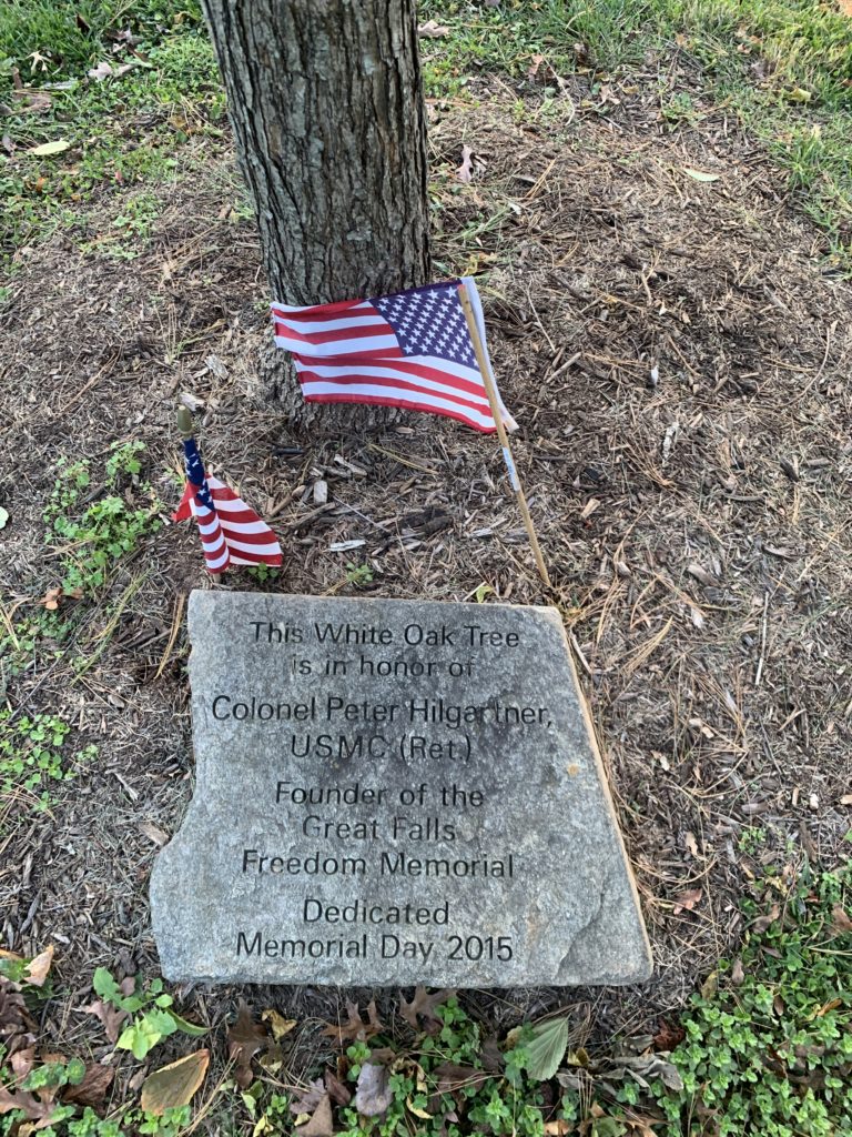 Engraved memorial stone at Colonel Pete Hilgartner memorial tree, Election Day at the Great Falls Freedom Memorial, November 3, 2020